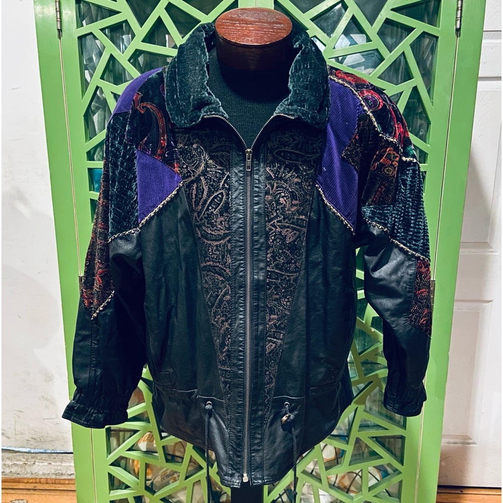 Pelle New York Milano Vintage Leather Jacket Multicolor Patchwork Fabric